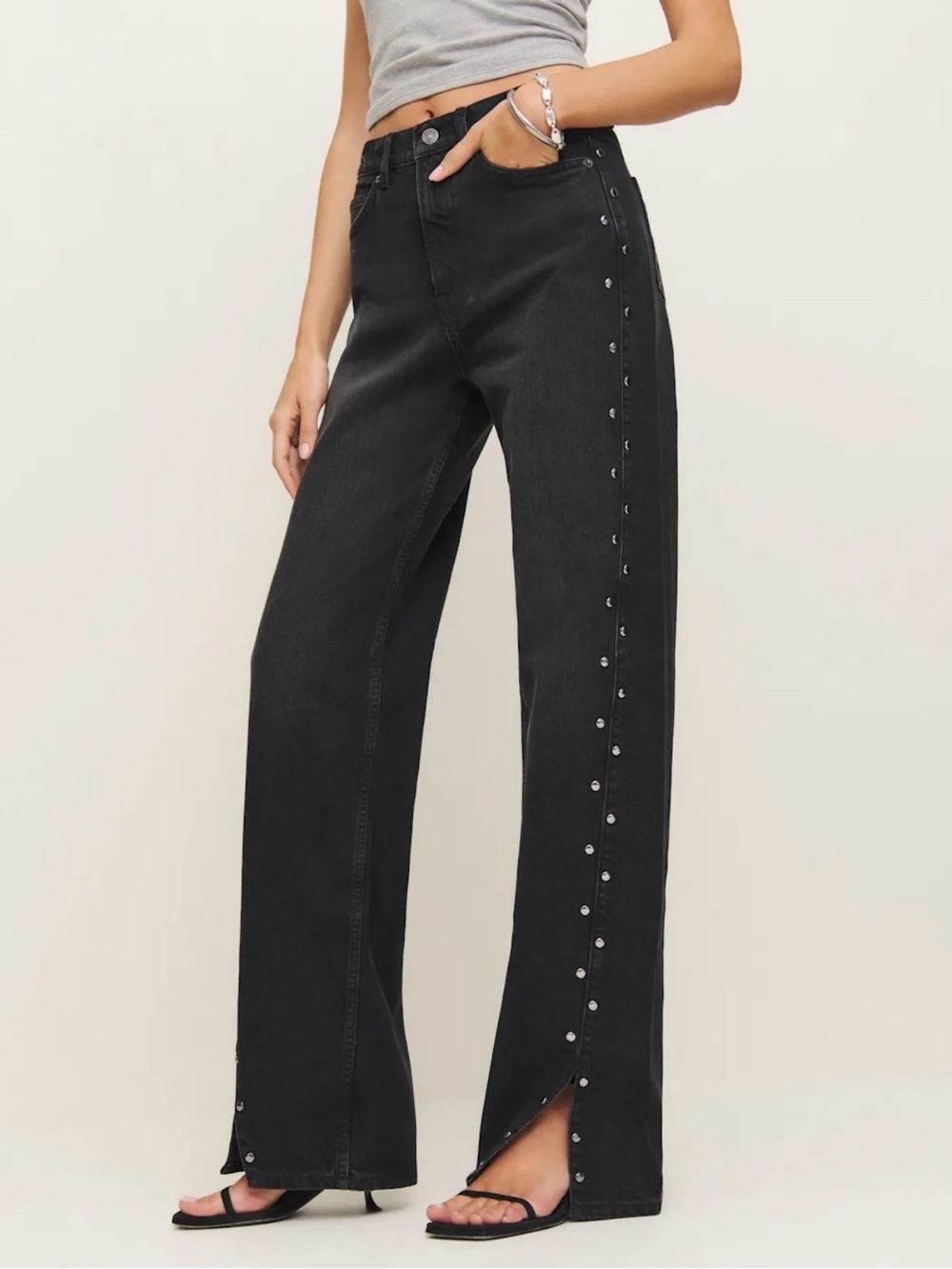 REFORMATION Cary High Rise Slouchy Straight Leg Jeans in Vana Vented Studded